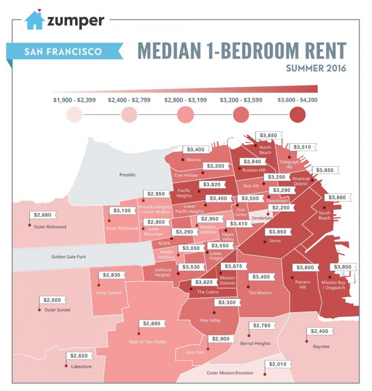 サンフランシスコの家賃の価格を地図