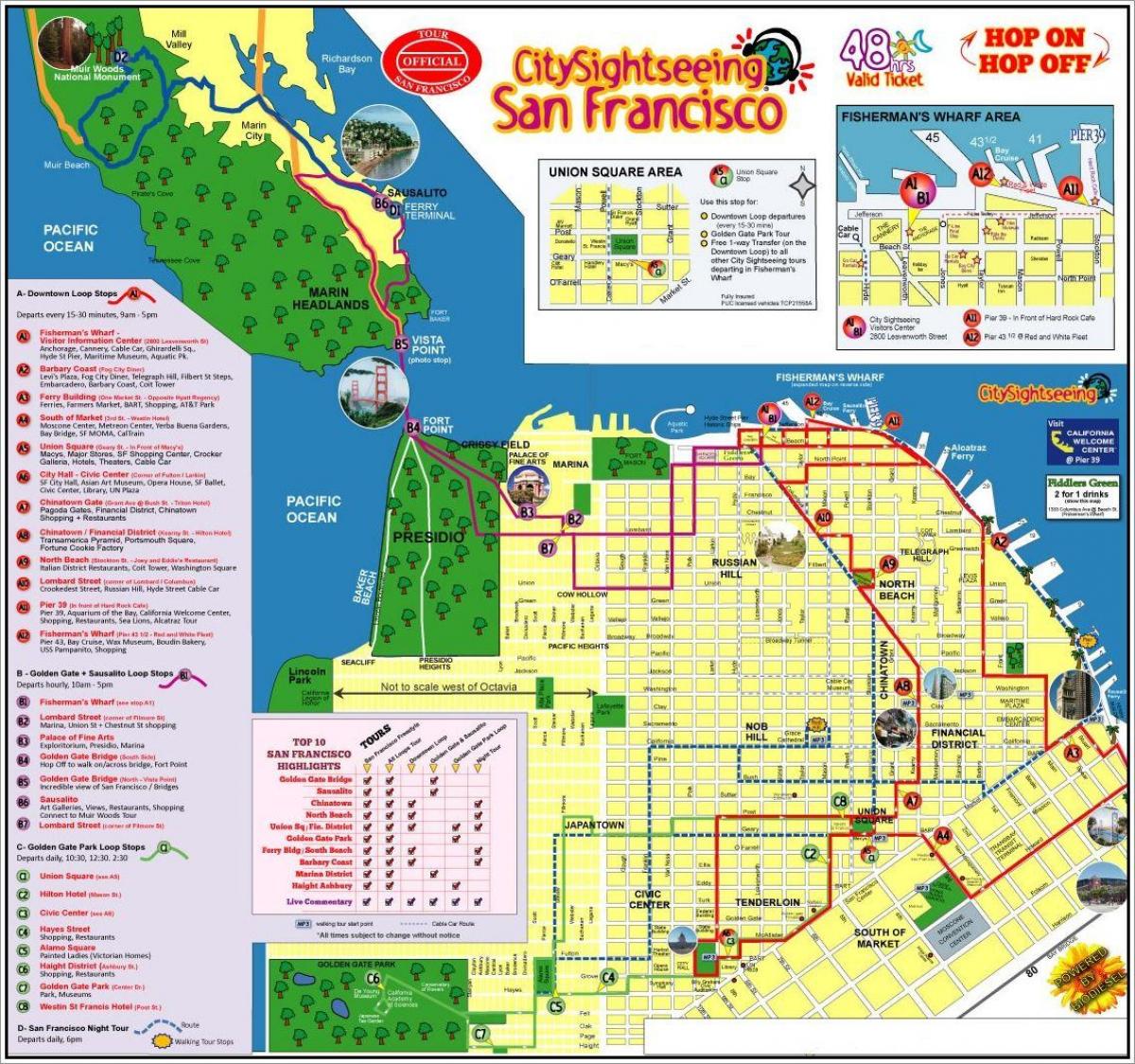 サンフランシスコのホテルツアーの地図