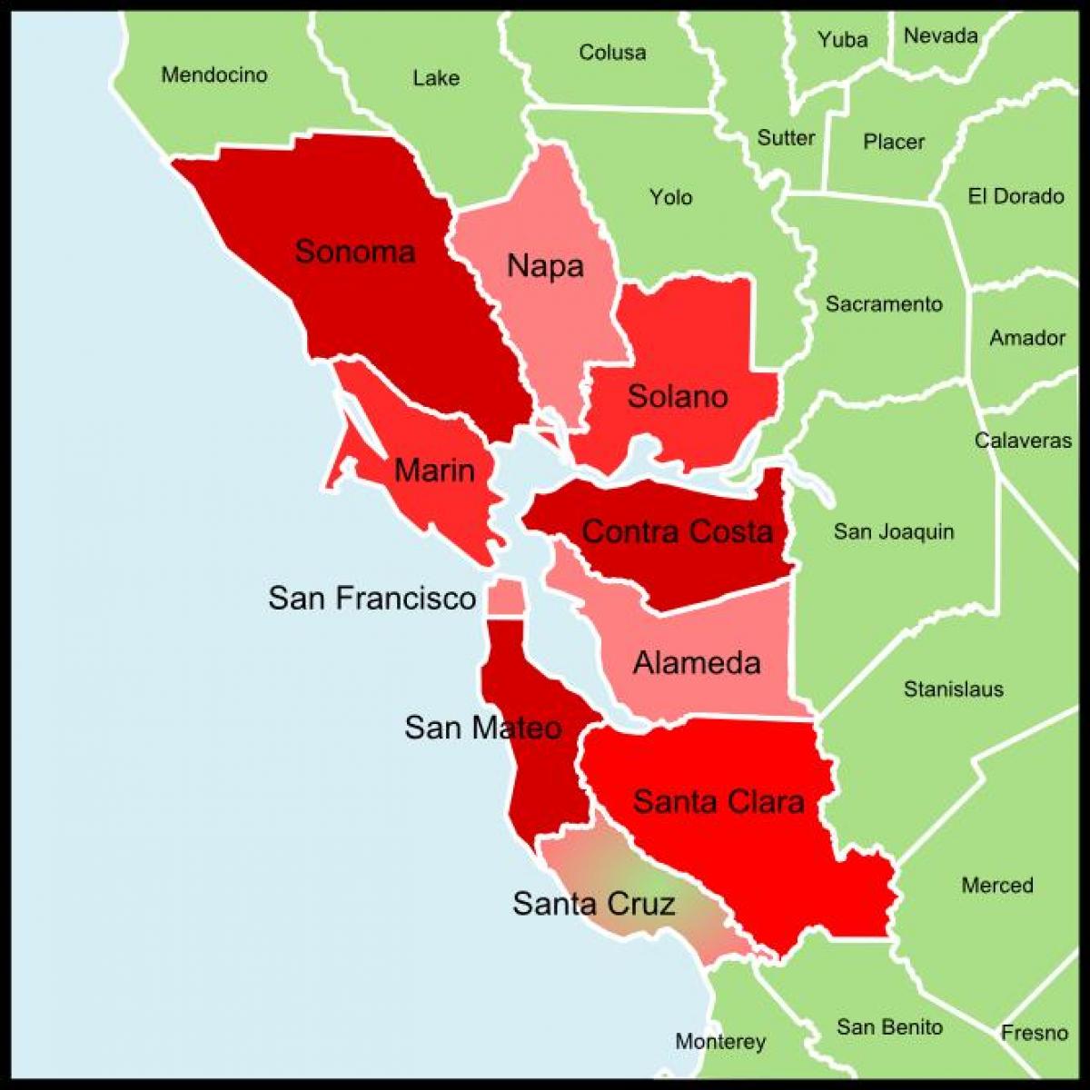 サンフランシスコ-ベイエリアの郡の地図