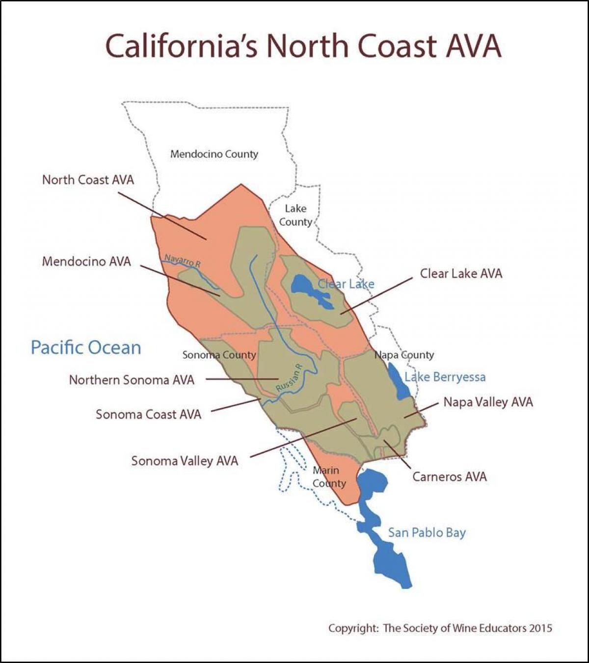 地図のカリフォルニア沿岸北部のサンフランシスコ