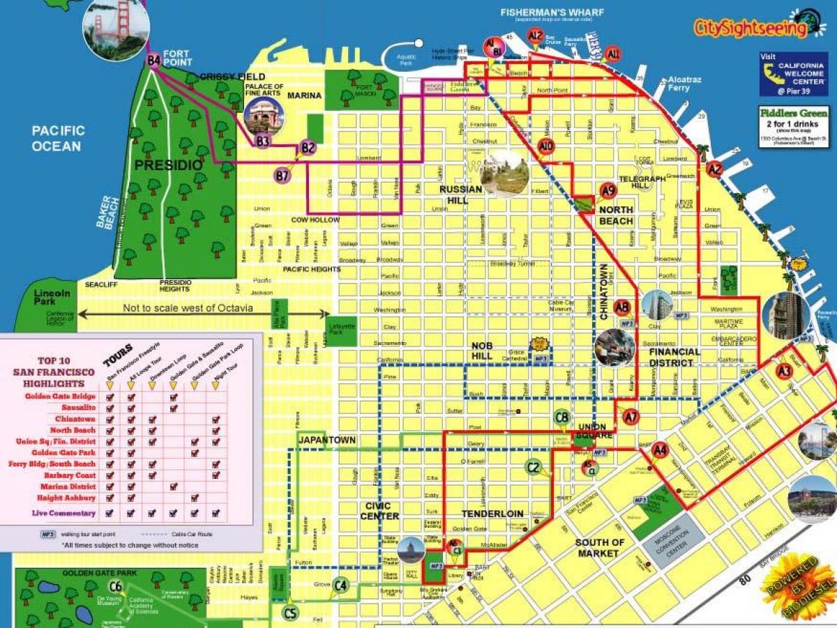 地図の市内観光サンフランシスコのルート